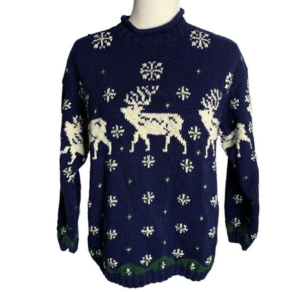 Vintage Jones New York Hand Knit Sweater M Petite Blue Reindeer Pullover - Picture 1 of 6